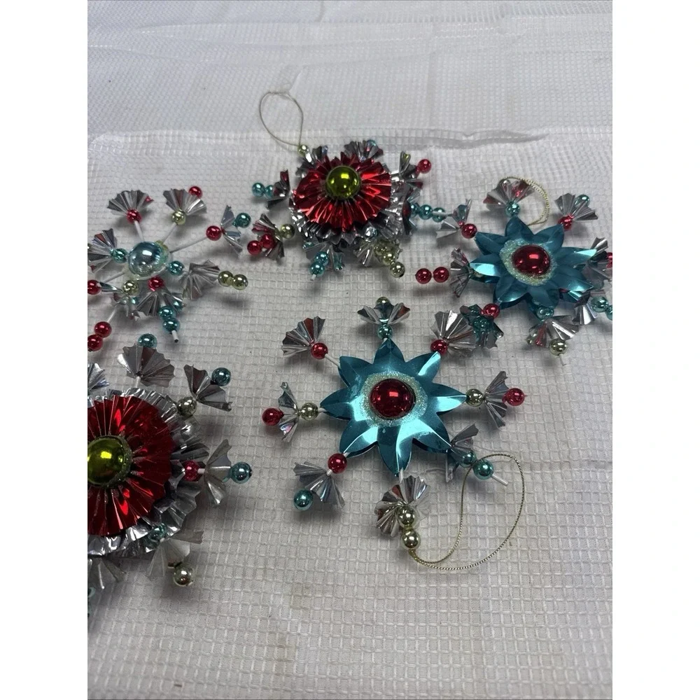 5 MCM Atomic Starburst Christmas Ornaments Mercury Beads Aluminum Turquoise